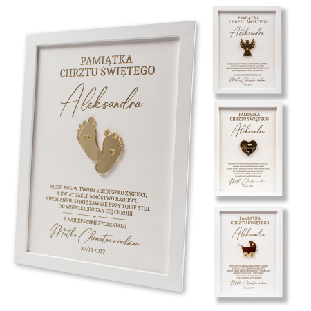 Pamiątka Chrztu Świętego biała ramka personalizowana ze złotymi zdobieniami